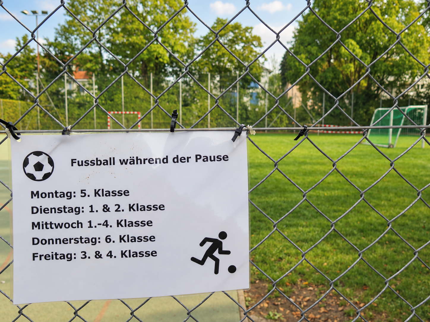 Fussballfeld und Pausenordnung auf der Grünfläche beim Schulhaus Guthirt